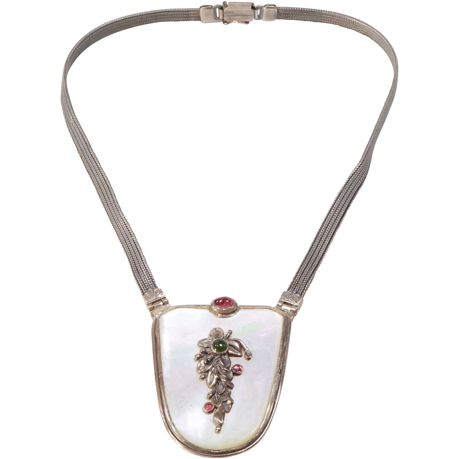 Sterling Silver Art Nouveau Necklace with Emerald & Amethyst Stones, Cabochons, Rope Mesh Chain (1 of 12)