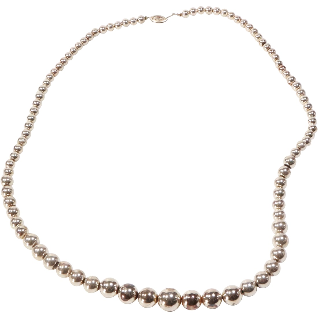 Sterling Silver 78.3 grams Unusual Long Graduated Bead Necklace 31.5 in. length: Sterling Silver 78.3 grams Unusual Long Graduated Bead Necklace 31.5 in. length ; Beads 3/4 in. to 1/4 in.