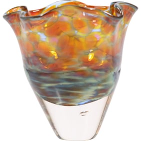 Signed Studio Art Glass Vase, Amber with Ruffled Rim 5.25 in. height x 5.25 in. wide