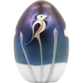 Signed GRANT RUDOLPH STUDIOS Art Glass Iridescent Egg Paperweight with Bird , dated 1978
