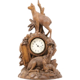 Antique Carved Walnut Black Forest Clock with Deer Family - Needs Some Restoration