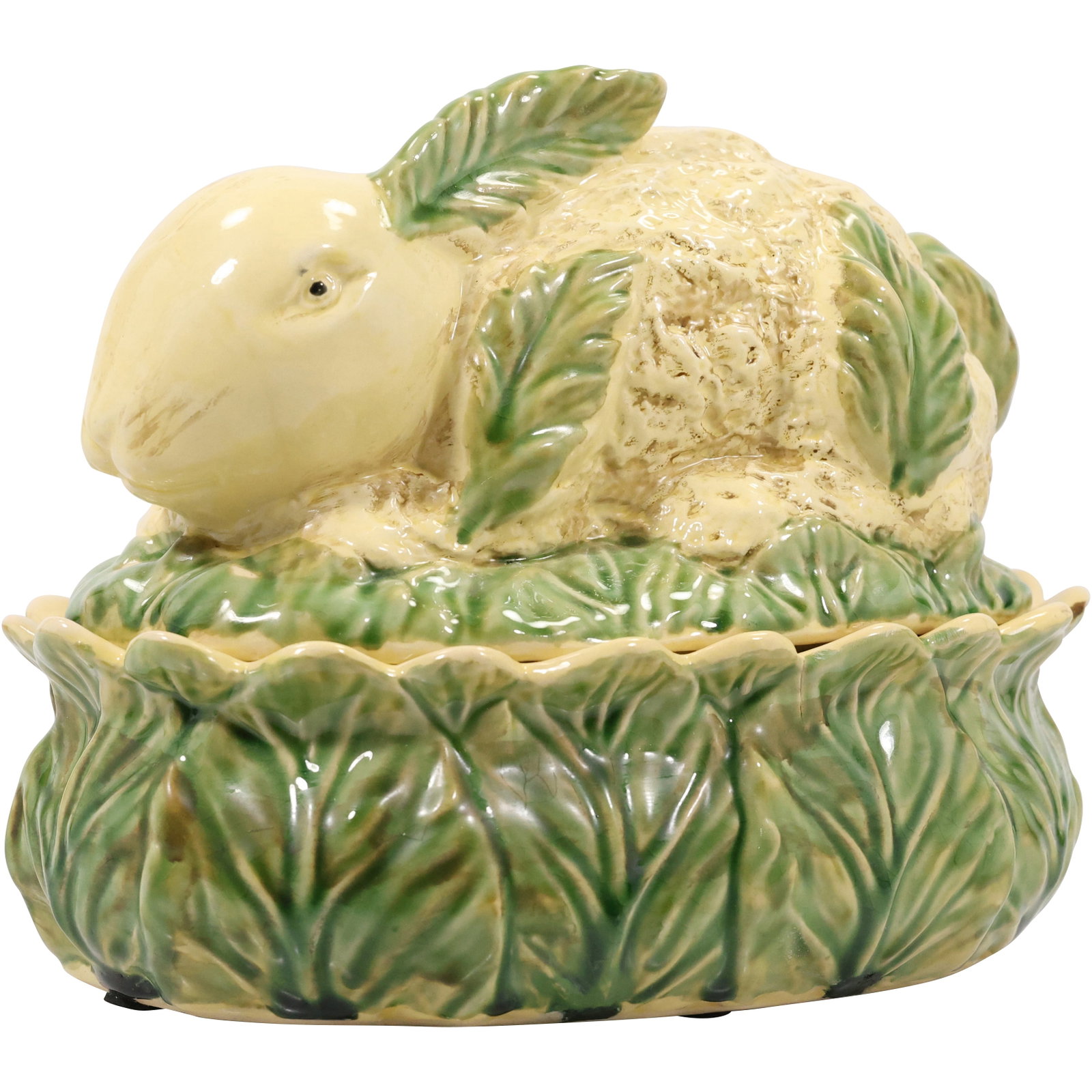 Vintage Majolica Style Bunny Lane Cabbage Tureen 9 in. height x 10.5 in. length: Vintage Majolica Style Bunny Lane Cabbage Tureen size: 9h 10.5w s:b