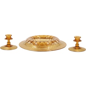 3 Piece Art Deco Amber Glass with Gold Wide Band Decoration Console Bowl & 2 Candlesticks