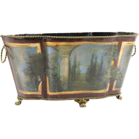 French Tole oval cachepot or jardiniere, decorative container designed to hold potted plants