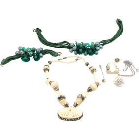 Estate Grouping Nautical Scrimshaw Jewelry and Green Boho Necklace & Bracelet