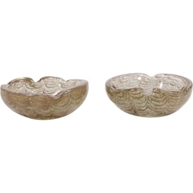 2 Murano Italian Art Glass Bowls Gold Glitter with Wavy Draped Pattern 6.5 inches wide
