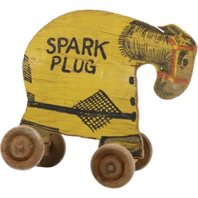 Antique Wood Barney Google Spark Plug Pull Toy