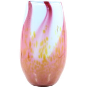 Artist Signed Studio Art Glass Vase blue / pink / yellow , 9 inches height x 3.5 in. wide