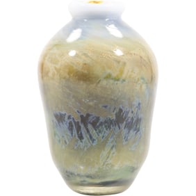 KARL CARTER Signed Studio Art Glass Vase in Gold and Blue Oceanic 7 in. height