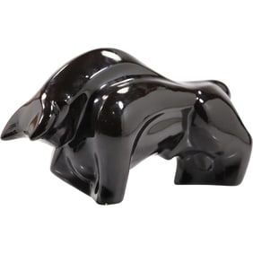 Vintage Cubism Fernando Botero Style Large Black Glossy Ceramic Bull 16 inches length