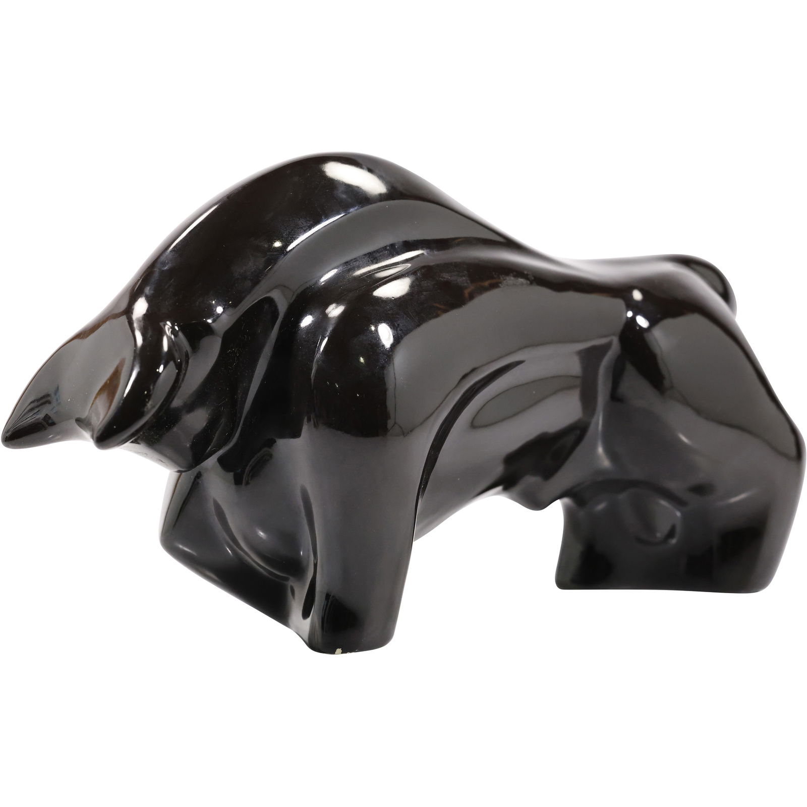 Vintage Cubism Fernando Botero Style Large Black Glossy Ceramic Bull 16 inches length: Vintage Cubism Fernando Botero Style Large Black Glossy Ceramic Bull size: 9h 16w S:C