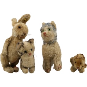 4 Vintage STEIFF Suffed Toy Animals: Tabby Cat, Bunny Rabbit, Mohair Kitty Cat, Leo Lion