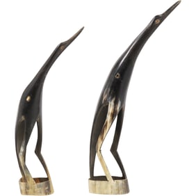 2 Hand-Carved Bird Sculptures Made from Animal Horn, likely Bull or Buffalo Horn, 13 in. height