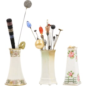 3 Assorted Vintage Porcelain Hatpin Holders with Assortment of Vintage Hatpins - SEE PICTURES