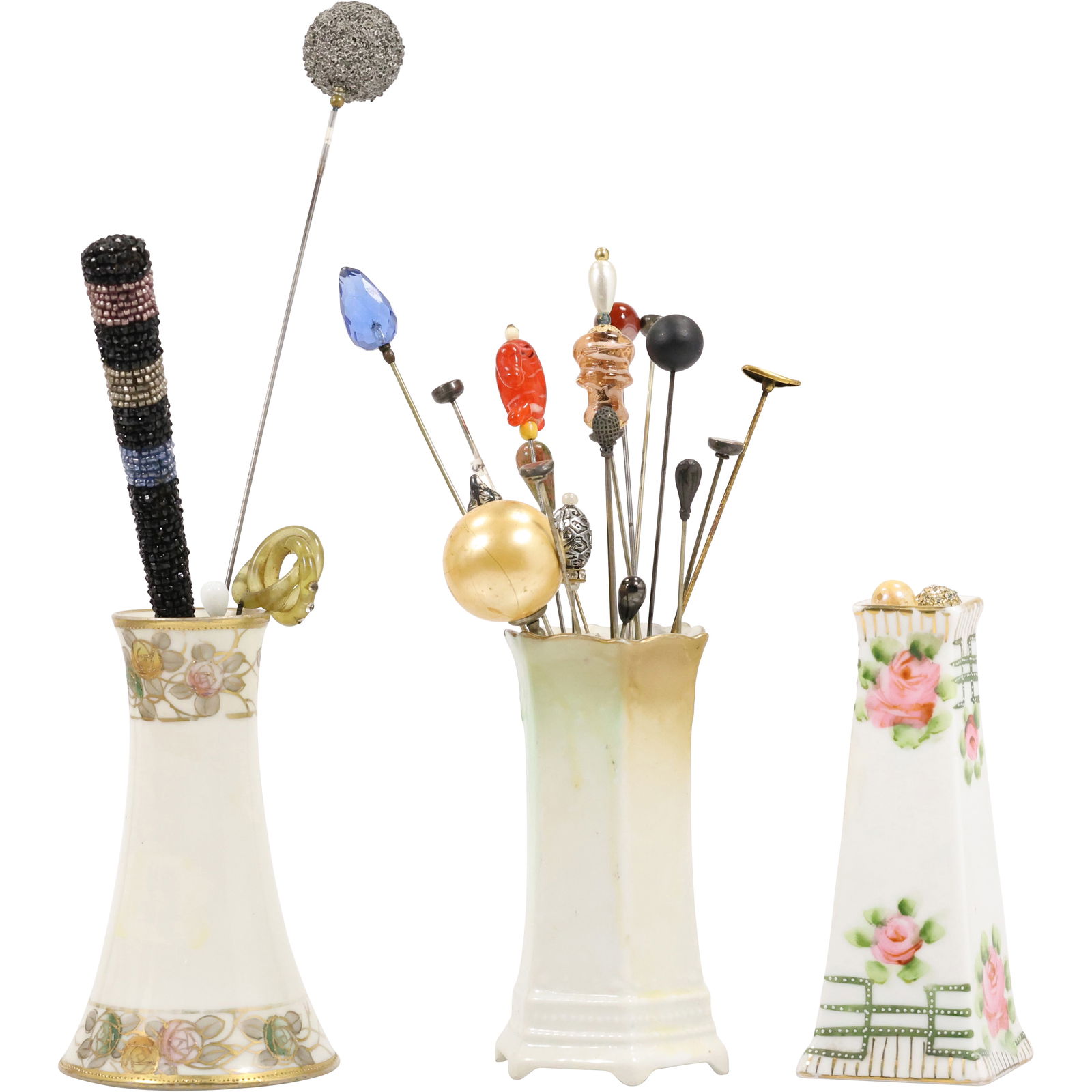 3 Assorted Vintage Porcelain Hatpin Holders with Assortment of Vintage Hatpins - SEE PICTURES (1 of 19)
