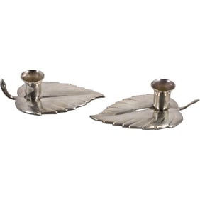Pair Kronen Denmark Silver Plated Leaf Candlesticks , 1 in. x 3.5 in.