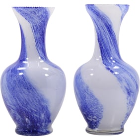 2 Blue and White Swirl Art Glass Vases 13 inches height x 4.5 inches wide
