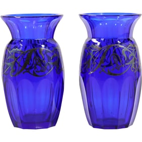 2 Quality Cobalt Blue Glass Vases with Sterling Silver Overlay Design 6 in. height x 3.5 in. wide