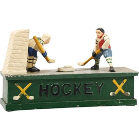 Novelty Cast Iron Ice Hockey Mechanical Coin Bank in Original Paint Finish