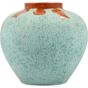 Turquoise Art Pottery Vase with Bown Glazed Top Rim Border 8 in. height x 9 in. wide