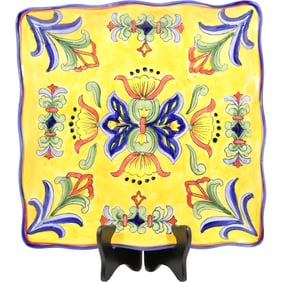 Maxcera Yellow Talavera Hand Painted Yellow Ceramic Serving Plater 11.5 in. diameter