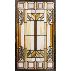 Arts and Crafts Style Stain Glass Leaded Window Signed Quoizel, Geometric Pattern 23.35 in. x 13.25