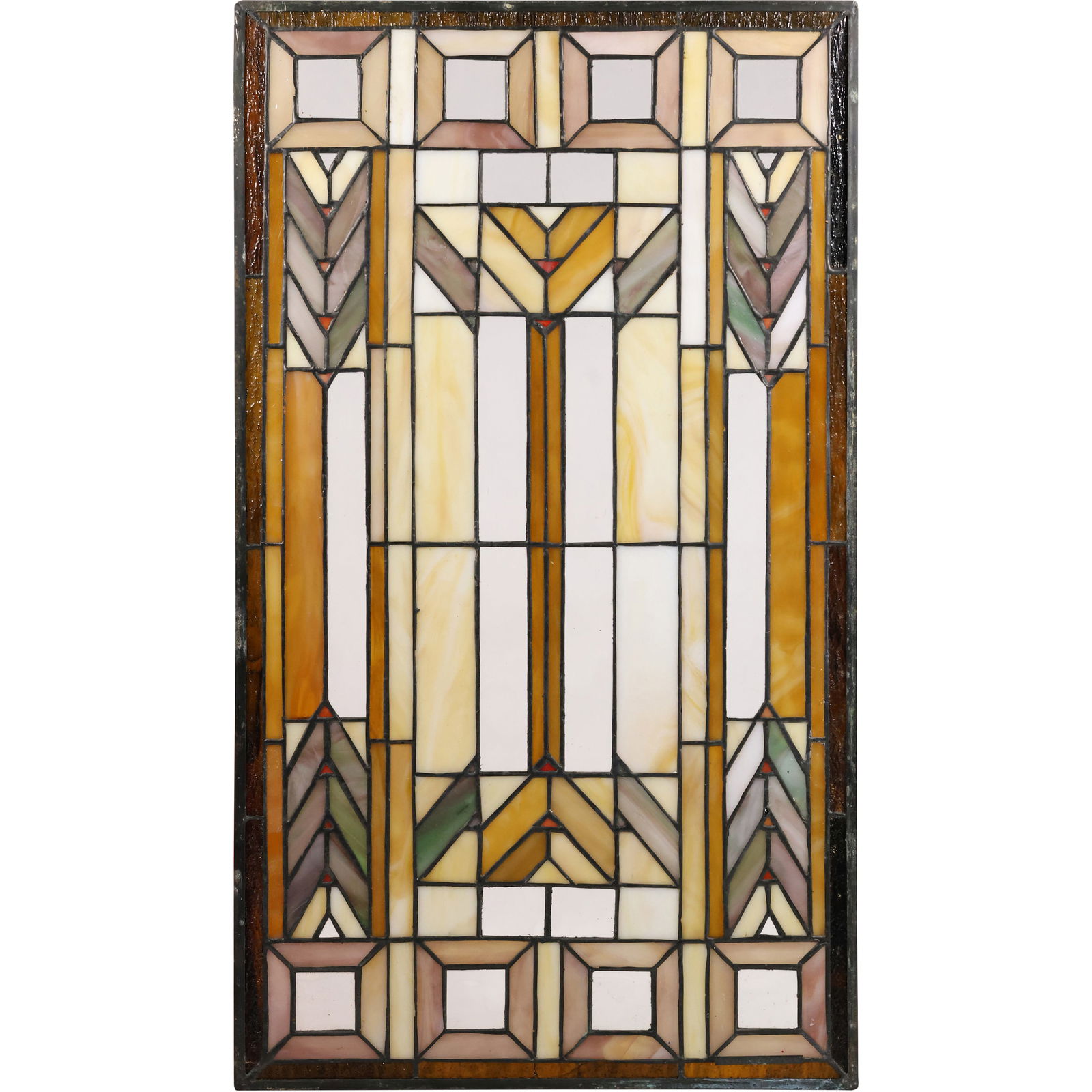 Arts and Crafts Style Stain Glass Leaded Window Signed Quoizel, Geometric Pattern 23.35 in. x 13.25 (1 of 13)