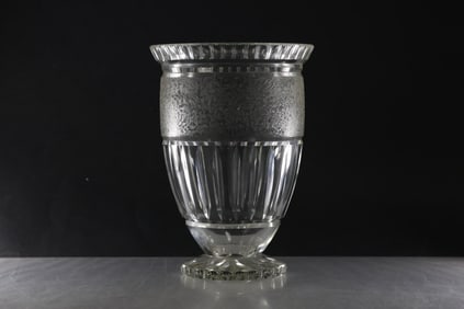 Quality Vintage Crystal Glass Footed Vase, Cut with Acid Etched Top Wide Band 8.5 in. height