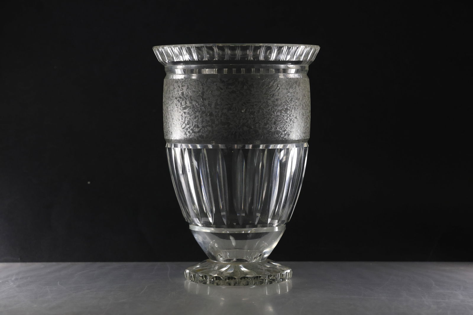 Quality Vintage Crystal Glass Footed Vase, Cut with Acid Etched Top Wide Band 8.5 in. height (1 of 13)