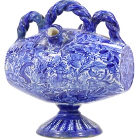 marked T B , Unique Stoneware Blue and White Vessel 10 inches height x 9.5 in. wide