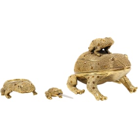 3 Piece Jeweled FROG Desk Set Figural Box, Frog Magnifier, Frog Letter Opener