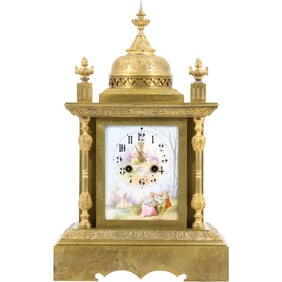 19th C. French Brass Mantel Clock With Painted Enamel Face Dial, Medaille D'Argent, 16 in. height