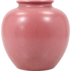 Arts and Crafts Pink Art Pottery Vase, Fulper?, Partial Marking on Base, 8 in. height x 7.5 in.