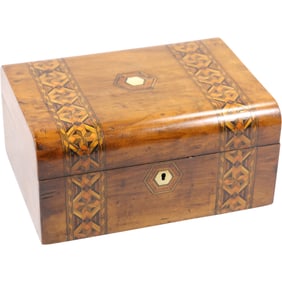 19th C. Walnut Victorian Inlaid "Keepsakes" Box, Blue Tufted Interior, 12 inches length