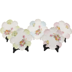Set 4 Antique Fine Porcelain Plates with Scallopped Shell Design Edges, Hand Painted Flowers