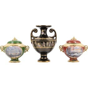 3 Assorted Decorative Fine Porcelain Scenic Urns 7 in. x 5 in.