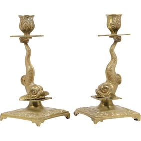 Pair of 19th Century Bronze Fish Shaped Mythical Dolphin Candlesticks 9 in. height