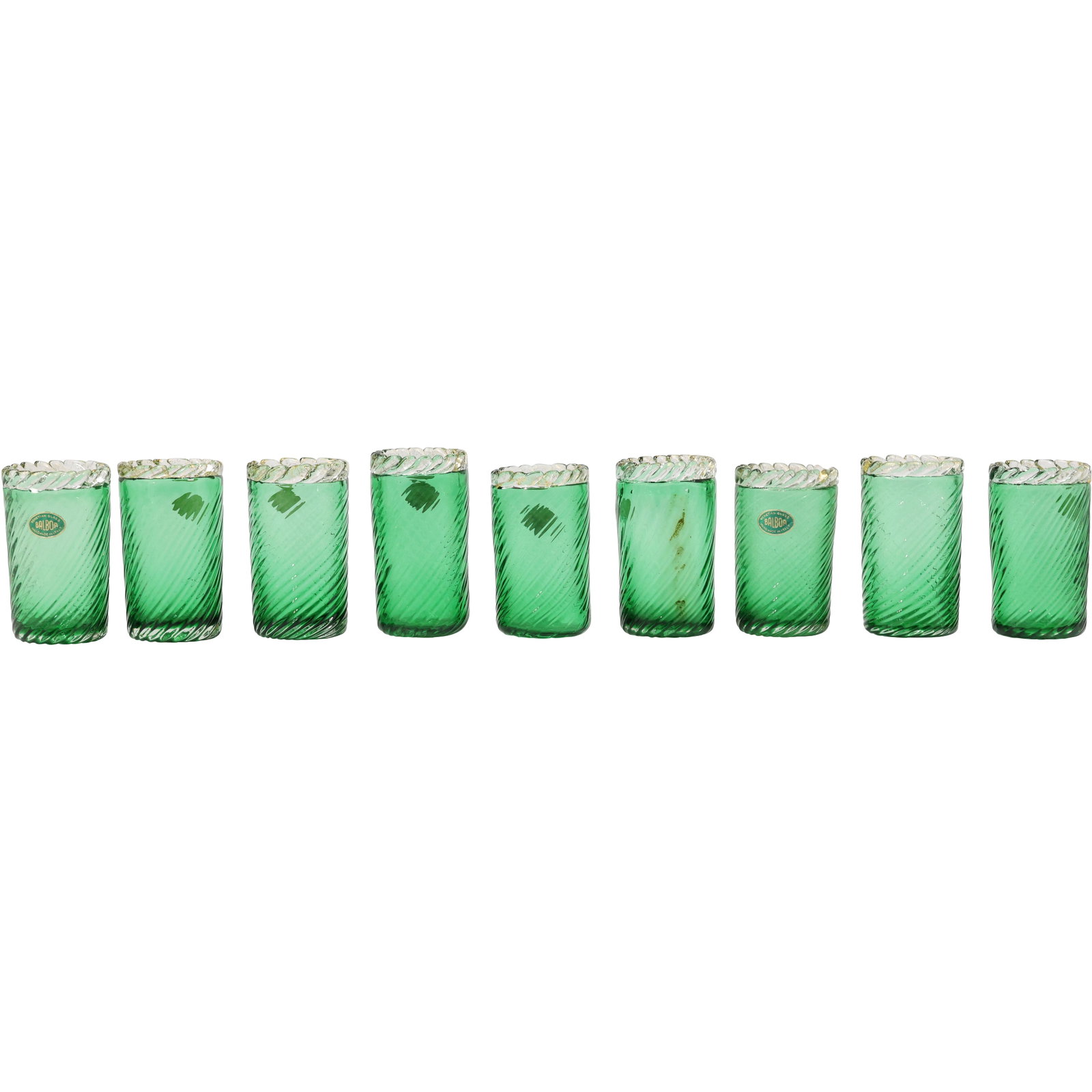 9 BALBOA Italian Art Glass Green Tumbler Glasses with Venetian Glass Rims: 9 BALBOA Italian Art Glass Green Tumbler Glasses with Venetian Glass Rims. size: 4h 2w