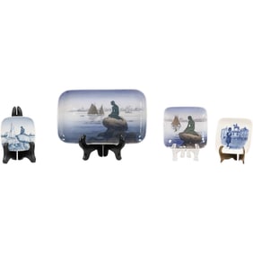 4 Assorted Royal Copenhagen Porcelain Tray and Dishes, "Langeline" Nude Mermaid on Rock