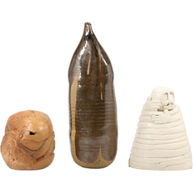 3 Assorted Unique Studio Art Pottery 2 Vases and Figurative White Glazed Decanter