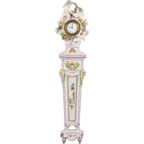 Marseille Faïence Style Fine Porcelain Long Case Miniature Grandfather's Clock, Cupids Atop
