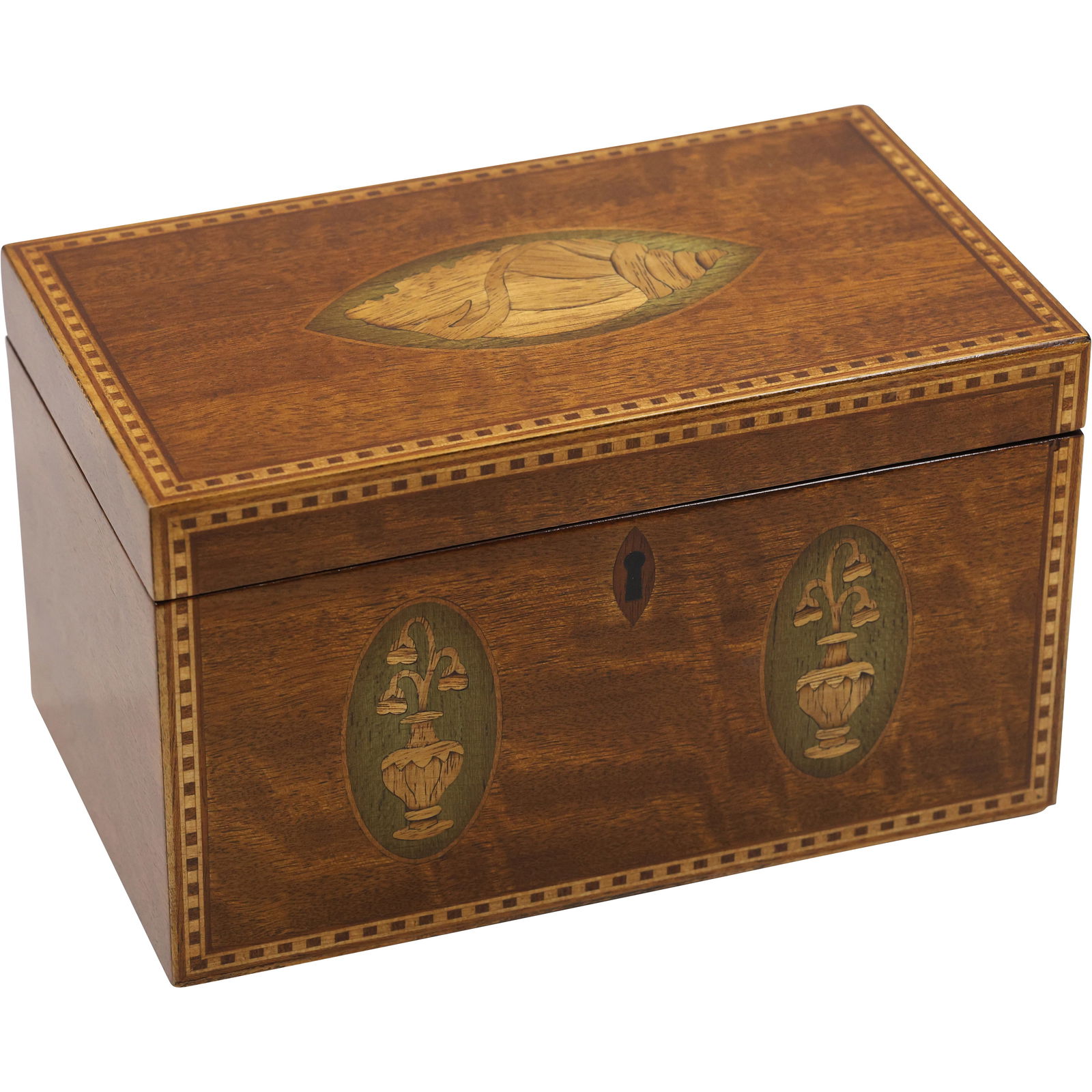 Antique Continental Mahogany Inlaid Conch Shell & Urn with Flowers Letters / Recipes Box (1 of 12)