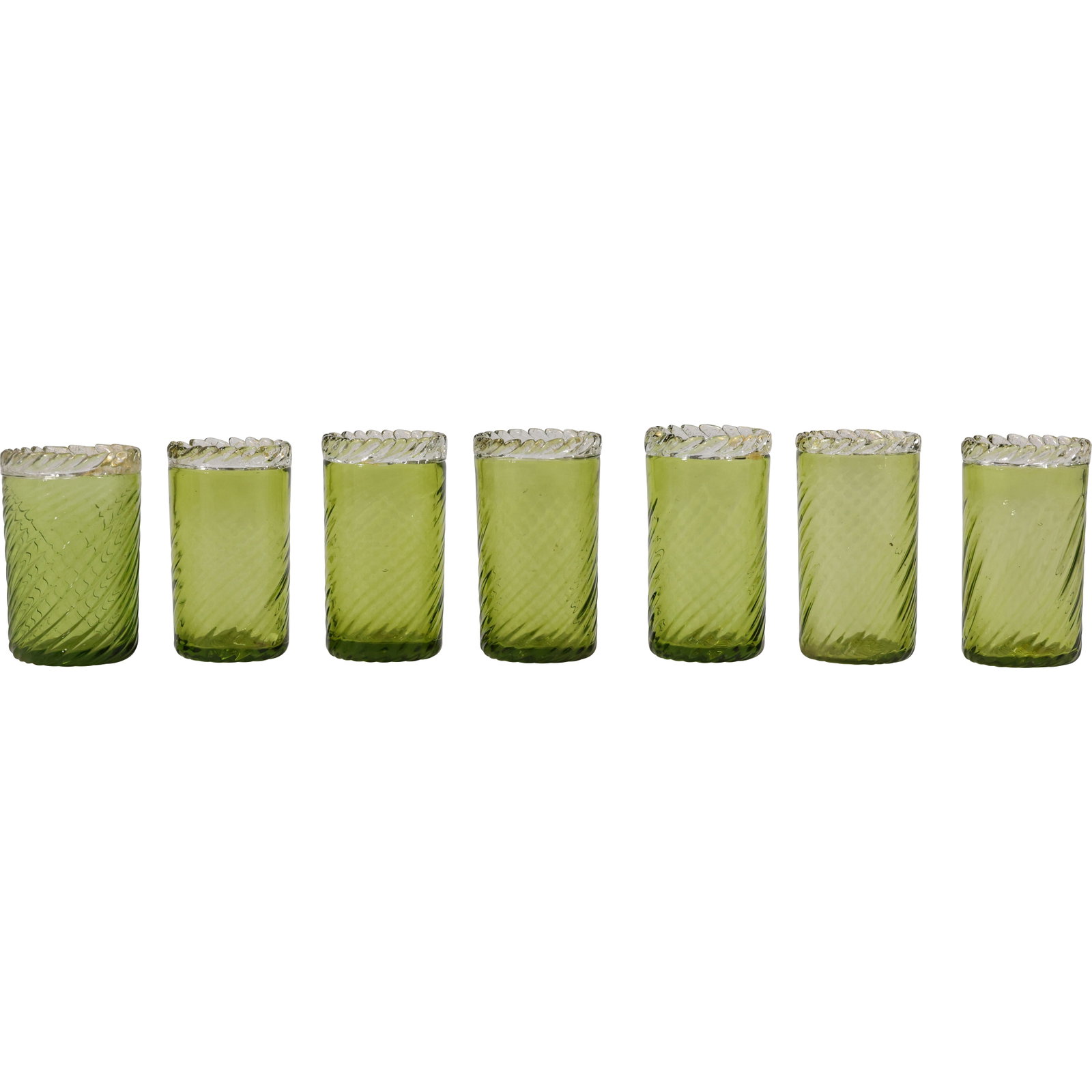 7 BALBOA Italian Art Glass Green Tumbler Glasses with Venetian Glass Rims: 7 BALBOA Italian Art Glass Green Tumbler Glasses with Venetian Glass Rims. size: 4h 2w