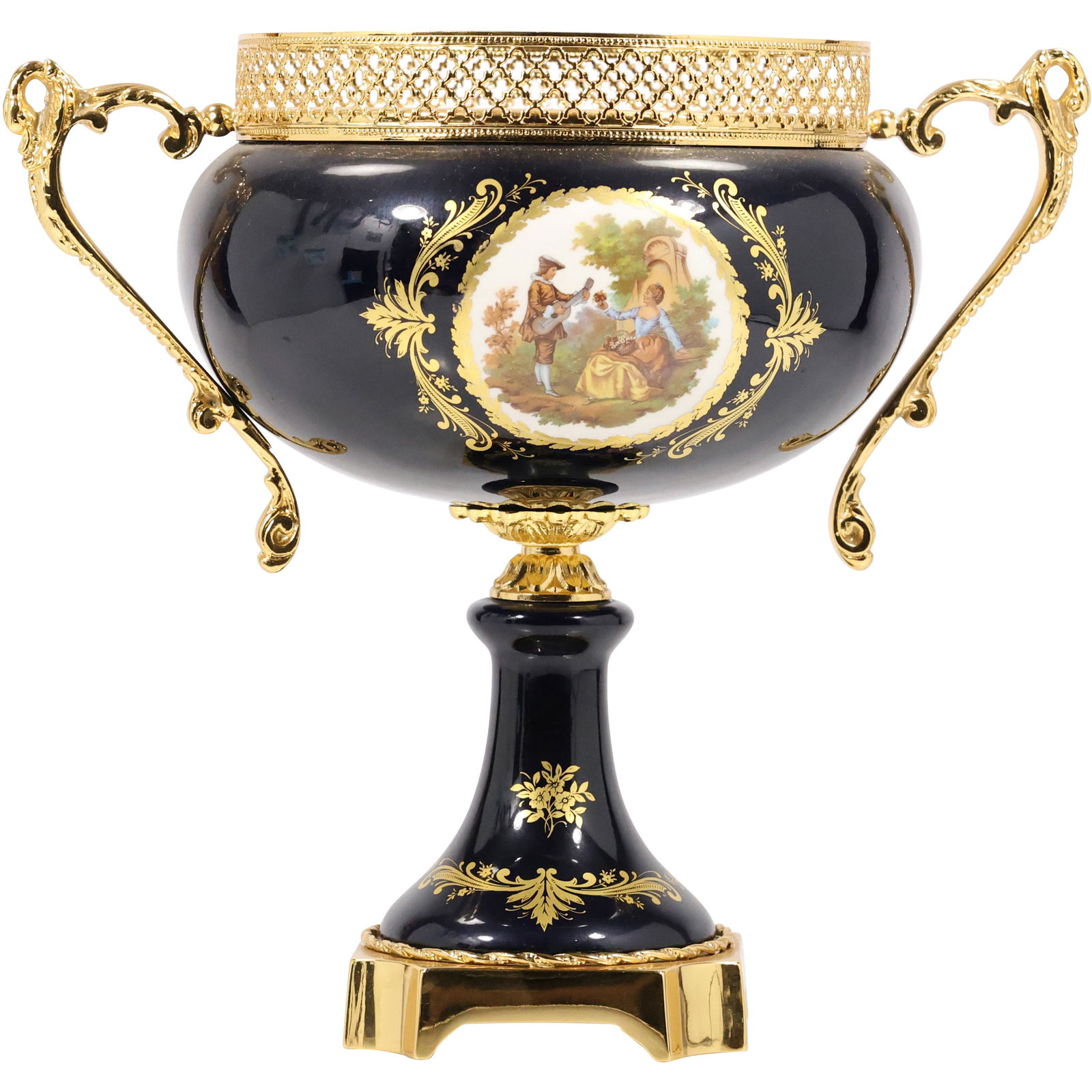Limoges-style Cobalt Blue Porcelain Handled Centerpiece or Urn, Brass Mounts, Genre Scene (1 of 14)