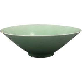 Longquan Green Celadon Conical Bowl Signed on Base, 11.5 inches diameter