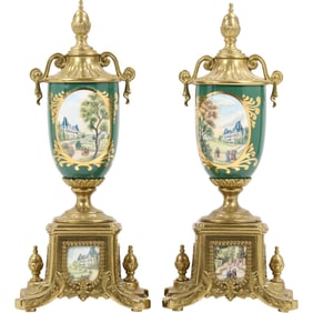 Pair of Imperial Italian Brass and Porcelain Urns with Scenic Panels 13 inches height x 5.5 in. wide
