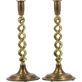 Pair of Barley Twist Style Brass Candlestick Holders 12 inches height x 5 in. wide at base