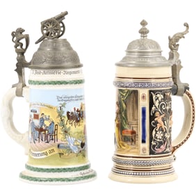 2 German Scenic Steins, One has Lithophane Scene Bottom, 10 in. height