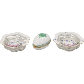 3 pieces Herend Hungary Fine Porcelain - Pair Reticulated Bowls & Egg Trinket Box