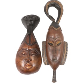 2 Carved Wooden African Ceremonial Masks, One Has Carved Snake 25 inches length